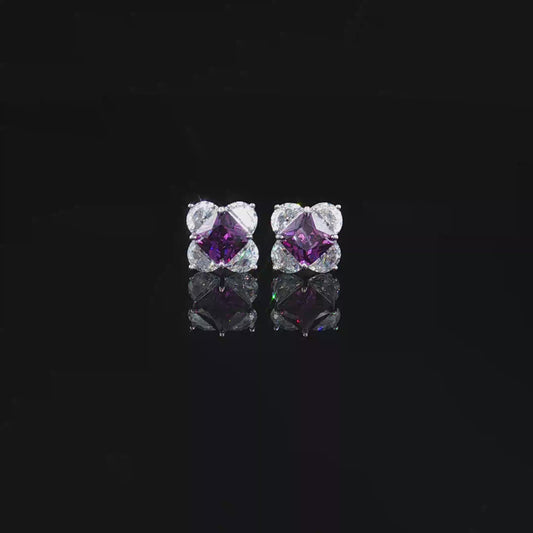 Square Amethyst and Cubic Zirconia Cluster Stud Earrings in Premium Sterling Silver